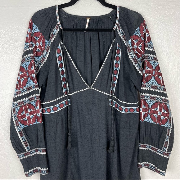 Free People All My Life Embroidered Black Smocked Long Sleeve Mini Dress XS - Picture 4 of 14